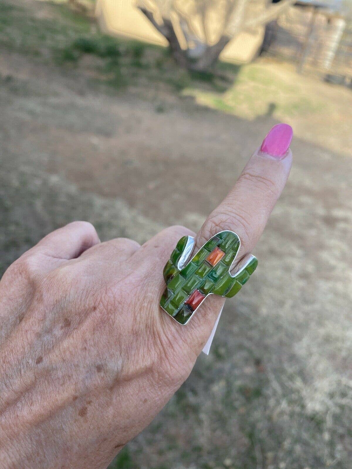Native signed & stamped, Turquoise & Spiny Sterling Silver Handmade Inlay Saguaro Ring