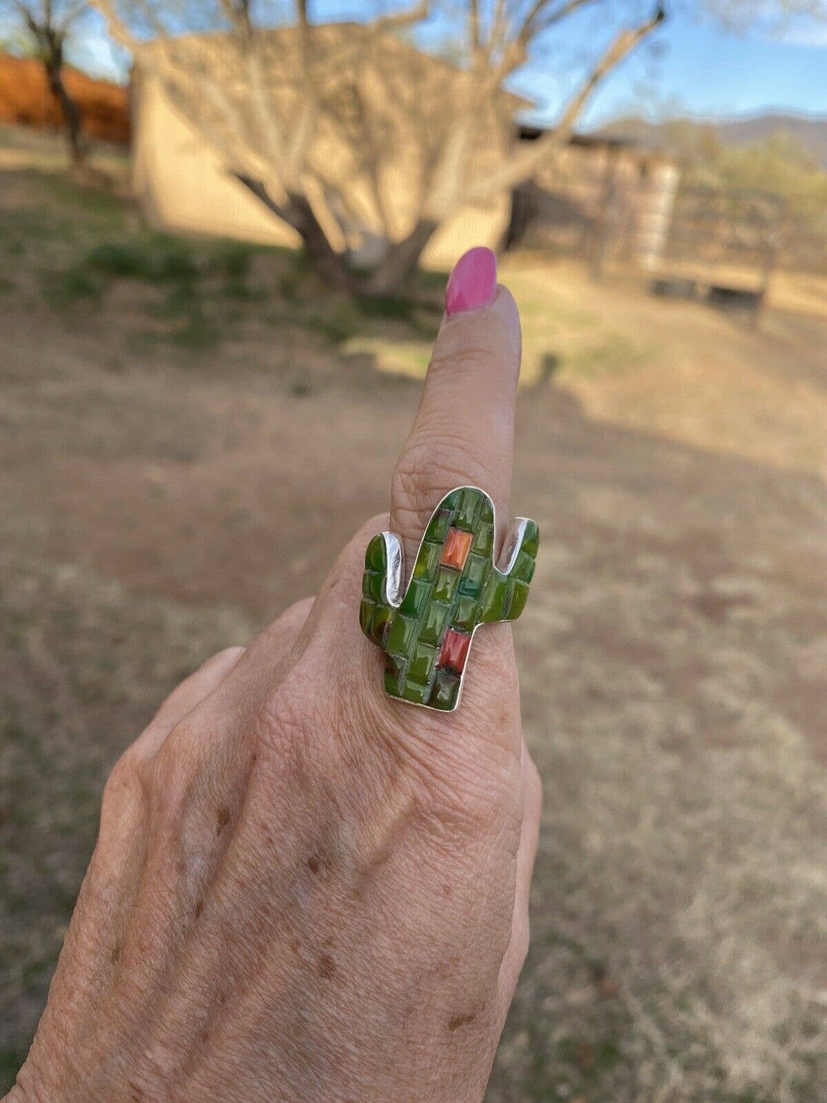 Native signed & stamped, Turquoise & Spiny Sterling Silver Handmade Inlay Saguaro Ring